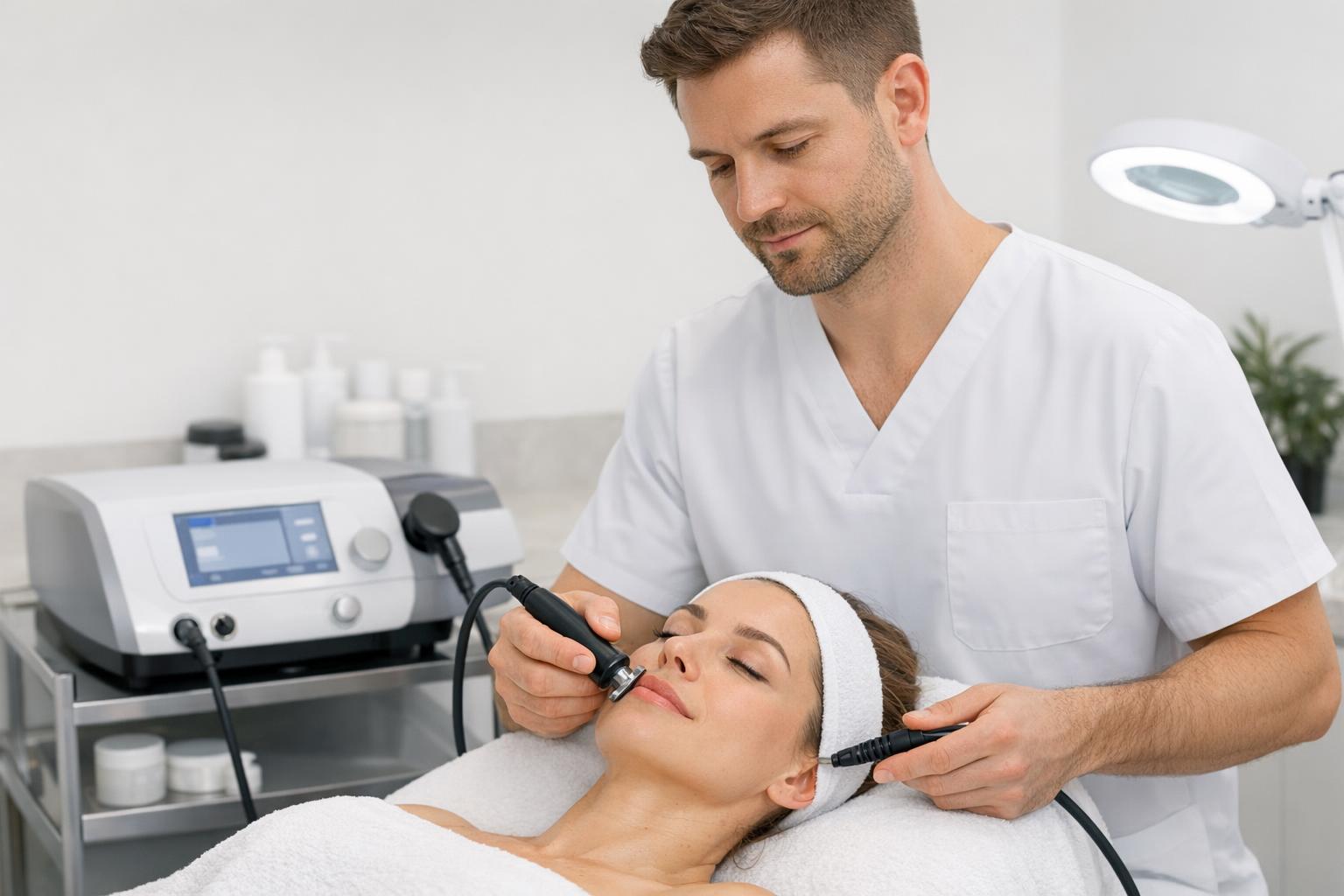 opis zdjęcia: terapeuta wykonujący zabieg Indiba na twarzy pacjentki w gabinecie