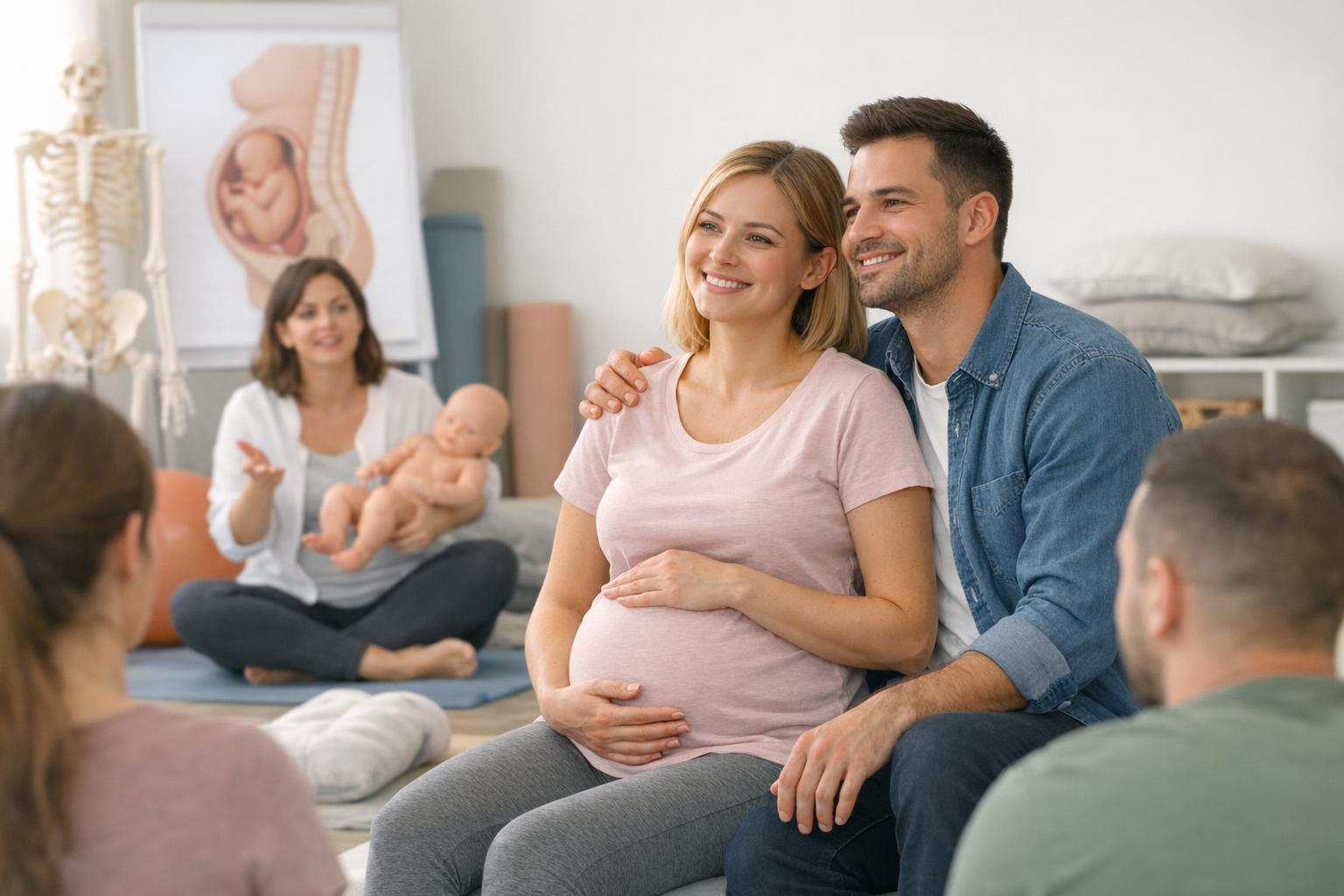 Zdjęcie pary na zajęciach szkoły rodzenia w sali
